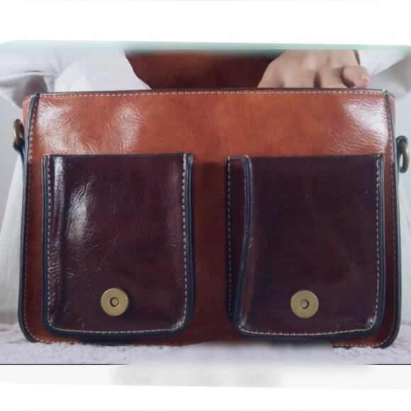 NEW Cambridge Cognac Brown Whipstitch Colorblock Heart Shoulder Bag Satchel Cl… - Picture 12 of 13